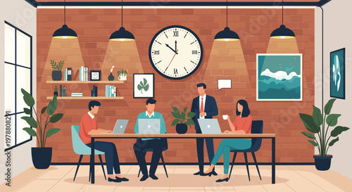 Group of diverse professionals work on their laptops at a long table in a modern brick wall office with a large clock behind them.