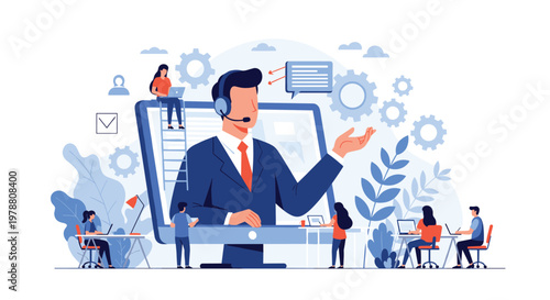 Customer support concept features a large screen with a male agent and smaller workers assisting clients remotely.
