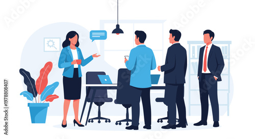 Professional team discusses project details during an informal standing meeting in a modern and bright office space.