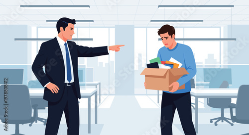 Frustrated boss points towards the exit while firing an upset employee who is carrying a box of personal office items.