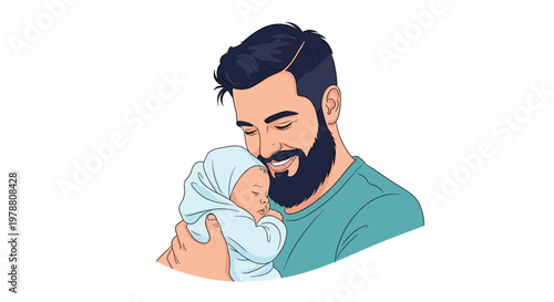 Happy young father gently holds his sleeping newborn baby boy while smiling with pure love and affection in a close-up.