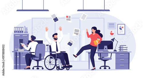 Inclusive office environment shows diverse employees celebrating a success with papers flying and a man in a wheelchair.