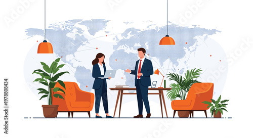 Business partners engage in a serious discussion in a modern office decorated with a world map and comfortable armchairs.