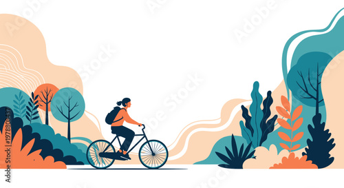 Active person enjoys a peaceful bicycle ride through a colorful and stylized park filled with abstract trees and bushes.
