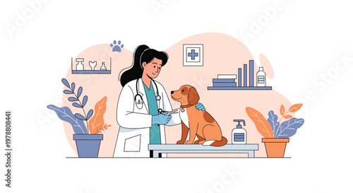 Kind female veterinarian in a white coat examines a cute brown dog on a stainless steel table in a modern animal clinic.