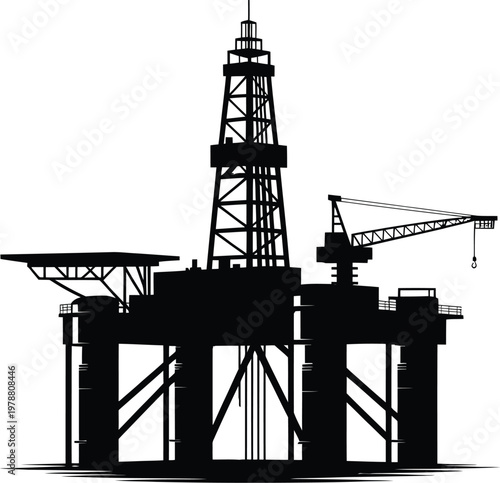 Offshore oil drilling platform with tall derrick and crane structure