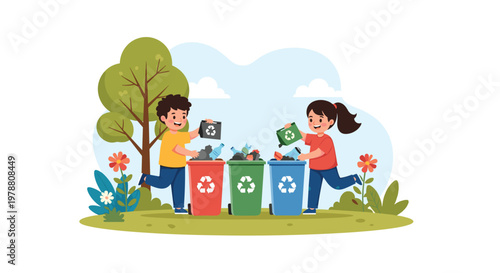 Group of happy children learn about environmental protection by sorting different types of trash into colorful recycling bins.