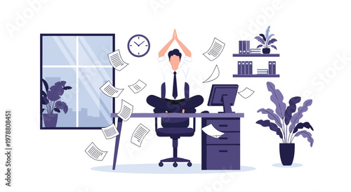 Stressed office worker finds zen by meditating on his desk while papers fly around him during a busy workday.