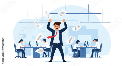 Stressed businessman screams in frustration in the middle of an office as documents fly all around his coworkers.