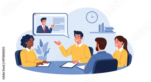 Group of professionals participates in a hybrid meeting with a colleague joining via a video conference call on screen.