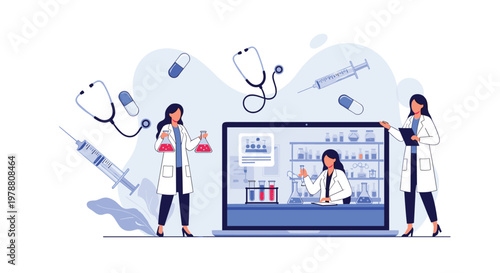 Scientists conducting research in medical laboratory with laptop screen showing female scientist and various floating medical icons.