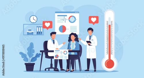 Doctors consulting with female patient in modern medical office with large thermometer and health data charts for diagnosis.