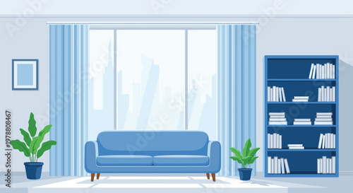 Modern living room interior design with blue sofa large window with city view and bookshelf in a minimalist apartment setting.