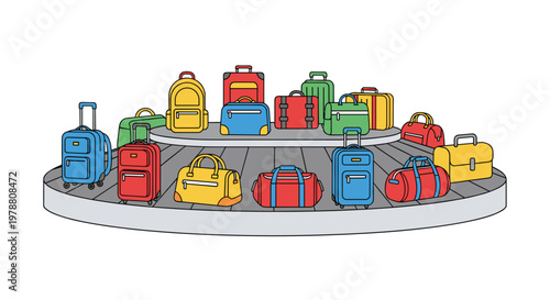 A circular airport luggage carousel is filled with a colorful variety of suitcases and backpacks as they rotate through a bright and modern terminal.