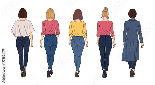 Rear view of five diverse women with different hairstyles and outfits walking together in a row against a white background.