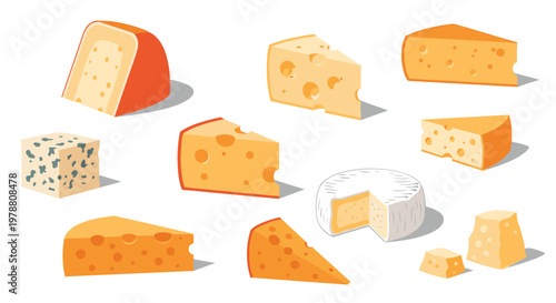 A collection of individual wedges and blocks of various cheese types including camembert and emmental are scattered across a clean white surface area.