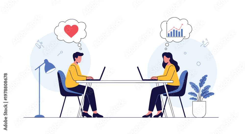 Fototapeta premium Coworkers sitting at a desk working on laptops while dreaming about different things like love and business growth charts.