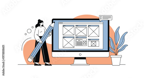 Graphic designer creating a user interface layout on a large monitor using a giant pencil as a metaphor for creative web design.
