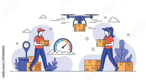 Logistics workers carrying cardboard boxes while a delivery drone flies overhead in a modern warehouse environment with a speed meter.