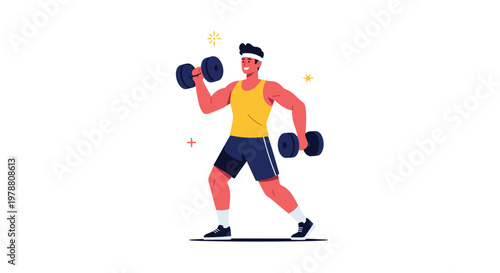 Muscular man performing a strength training workout by lifting heavy dumbbells in a fitness illustration with a white background.