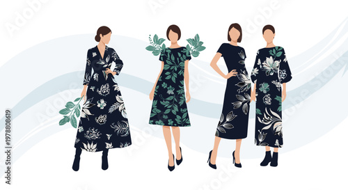 Group of four fashion models showcasing various elegant long-sleeved floral print dresses in a modern and minimalist fashion illustration.