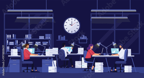 Dedicated team of office employees working late at night at their desks with computer monitors and piles of paperwork.