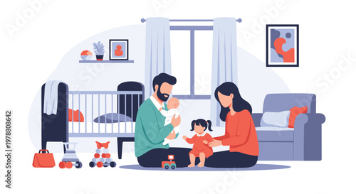 Young parents playing with their baby and toddler girl in a cozy well-decorated nursery room with crib and toys.
