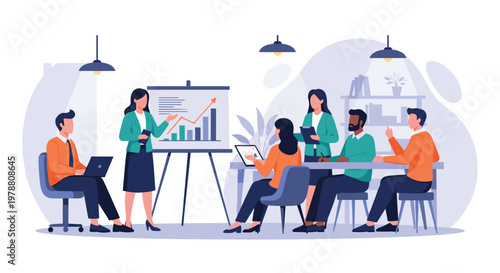 Professional team conducting a business meeting with a woman presenting financial growth charts on a whiteboard in a modern office.