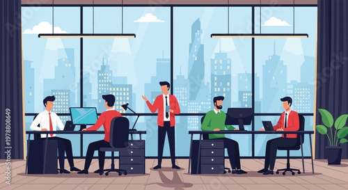 Group of diverse professionals working together in a modern open plan office with large windows overlooking a sprawling city skyline.