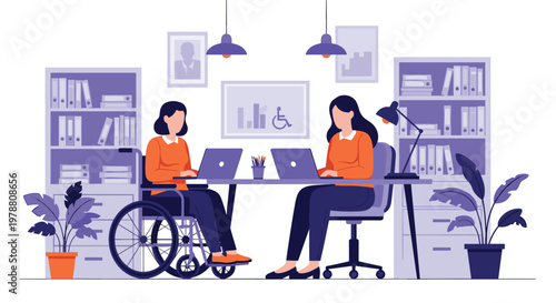 Inclusive office workspace showing two female professionals working on laptops one using a wheelchair for accessibility.