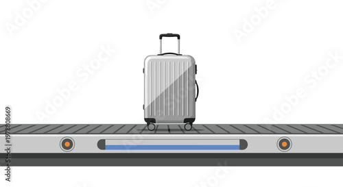 A modern silver hardshell rolling suitcase with vertical ridges moves steadily along a grey industrial baggage claim conveyor belt in a bright terminal.
