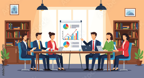 Group of business people having a meeting around table in classic office with bookshelves and chart on easel.