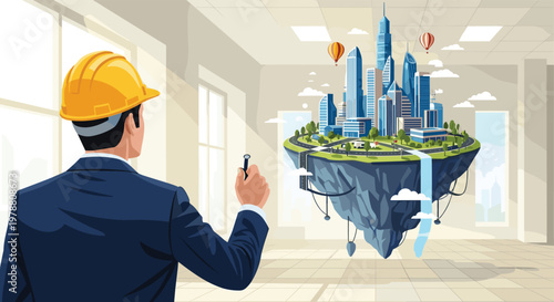 Visionary engineer in a hard hat looking at a futuristic floating city concept symbolizing innovation and advanced urban development.