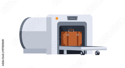 A classic brown leather suitcase with metallic buckles passes through a modern grey airport security X-ray scanner on a motorized conveyor belt system.