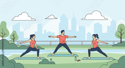 Group of young people practicing yoga in a beautiful park with a city skyline in the background during a bright sunny day.
