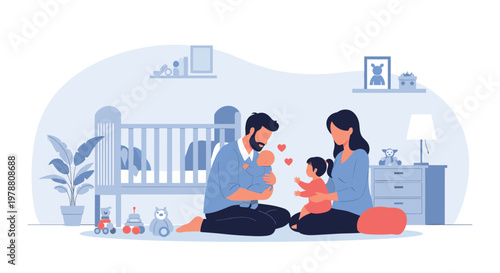 Happy young family playing with their two small children on the floor of a cozy and well-decorated nursery room at home.