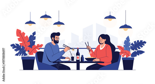 Couple enjoying a delicious dinner together with chopsticks in a modern restaurant overlooking a city skyline at dusk.