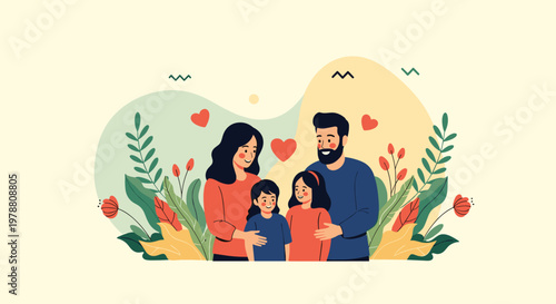 Happy young family with two children standing together surrounded by green plants and red hearts expressing love and unity.