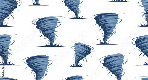 Seamless pattern featuring multiple dark blue swirling tornadoes representing a natural disaster or powerful storm on a white background.
