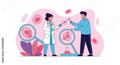 Medical professionals in white coats examining large microscopic cells using magnifying glasses and tools in a laboratory setting.