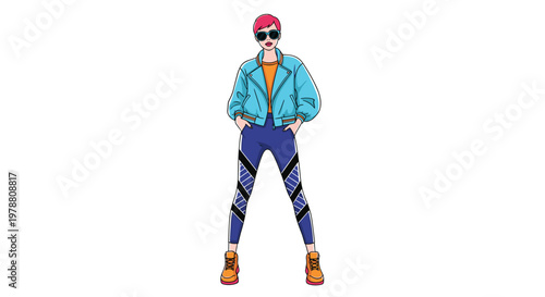 Fashionable woman with pink hair wears a blue jacket and patterned purple leggings while posing in a trendy urban streetwear outfit.