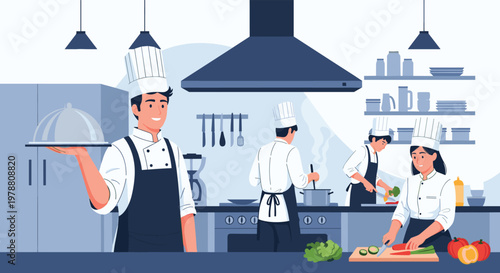 Professional kitchen staff including chefs in white uniforms prepare gourmet meals and plate food in a modern restaurant environment.
