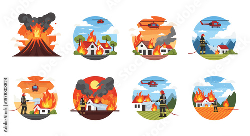 Comprehensive set of firefighting illustrations depicts various emergency scenes including volcanic eruptions and houses on fire.