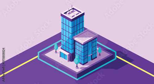 Isometric architectural illustration shows a modern blue office building with glass windows in a stylized purple landscape setting.