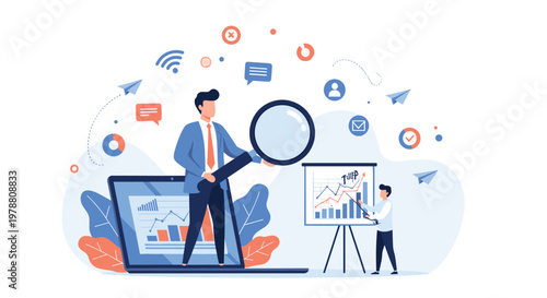 Businessman uses a giant magnifying glass to examine financial statistics and data growth on a laptop screen with various web icons.