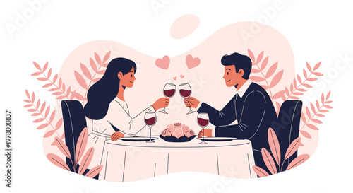 Romantic couple shares a toast with glasses of red wine during a fine dining experience in a soft and artistic restaurant setting.