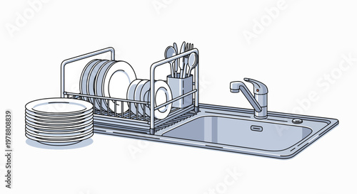 Illustration of a kitchen sink with a dish rack and clean plates beside it, conveying a sense of food safety and cleanliness in a modern setting.