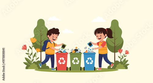 Happy children participate in an environmental recycling activity by sorting waste into colored bins in a sunny green park area.