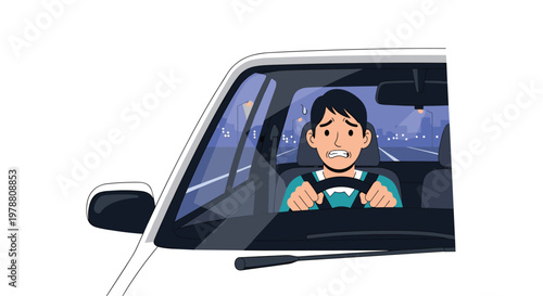 An anxious young man with a distressed facial expression grips the steering wheel tightly while driving through a dark city at night under streetlights.