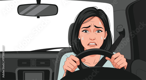 A terrified woman with wide eyes and visible sweat beads grips her steering wheel with intense fear while driving her vehicle during a stressful moment.